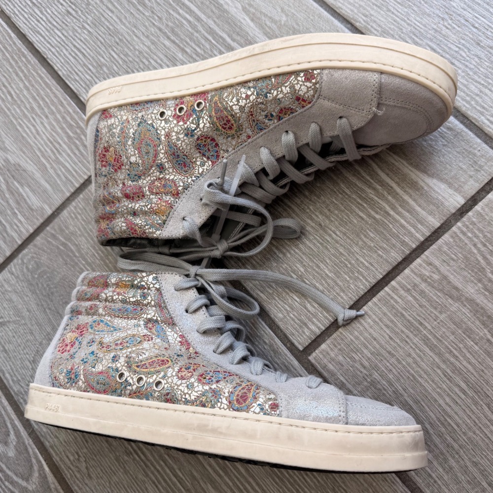P448 x Anthropologie Paisley Skate High Top Sneakers Silver Suede Metallic 39
